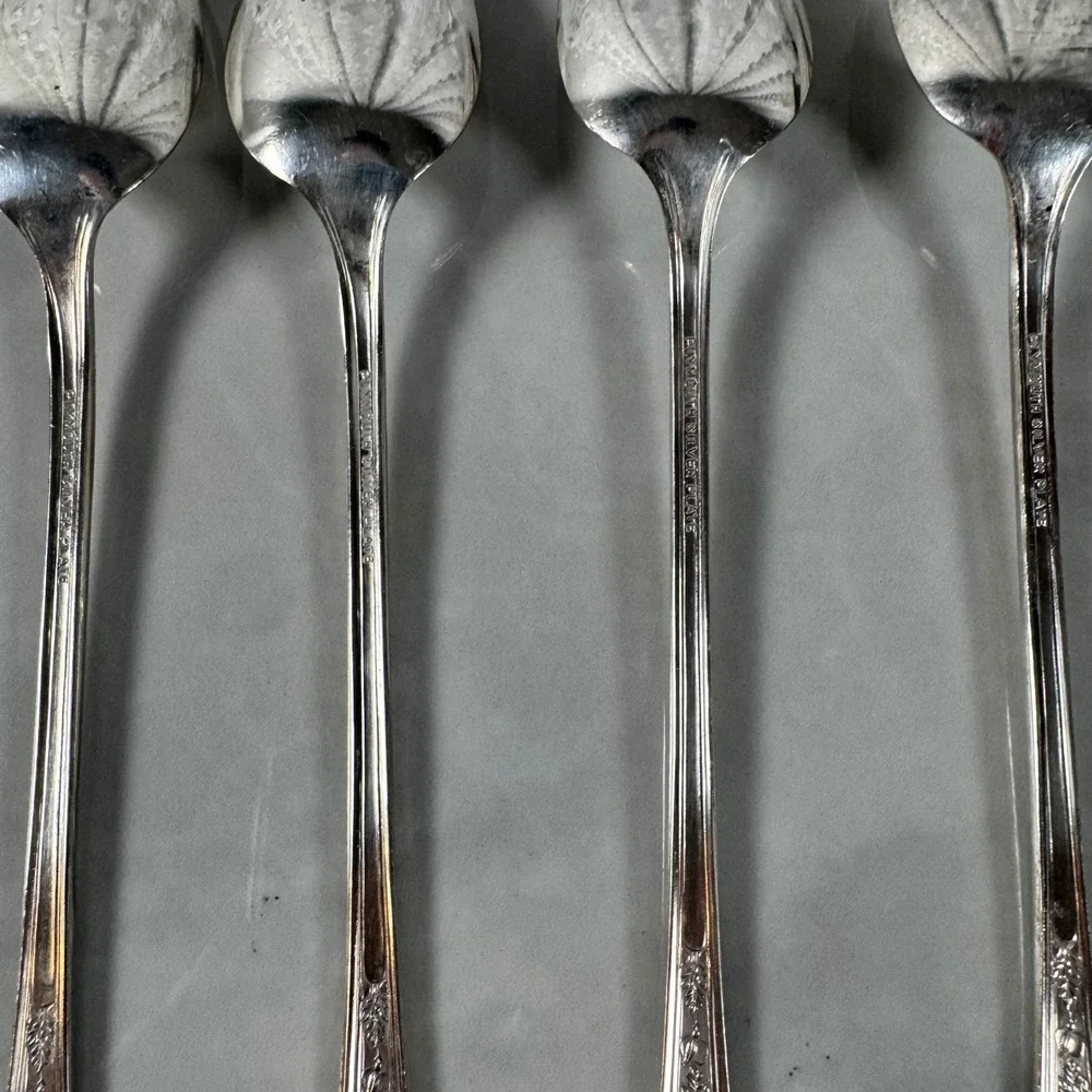 Set of 4 Plymouth Silver Plate Long Iced‎ Tea Spoons Jewel Rose Cottagecore